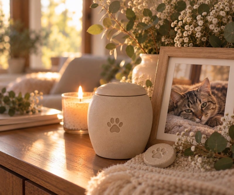 A ceramic pet urn, a photograph and flowers in a warm home setting