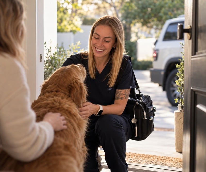 A veterinarian greeting a dog at the front door of a home