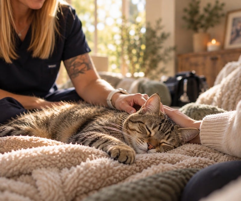 A tabby cat resting on a blanket with a gentle hand beside them